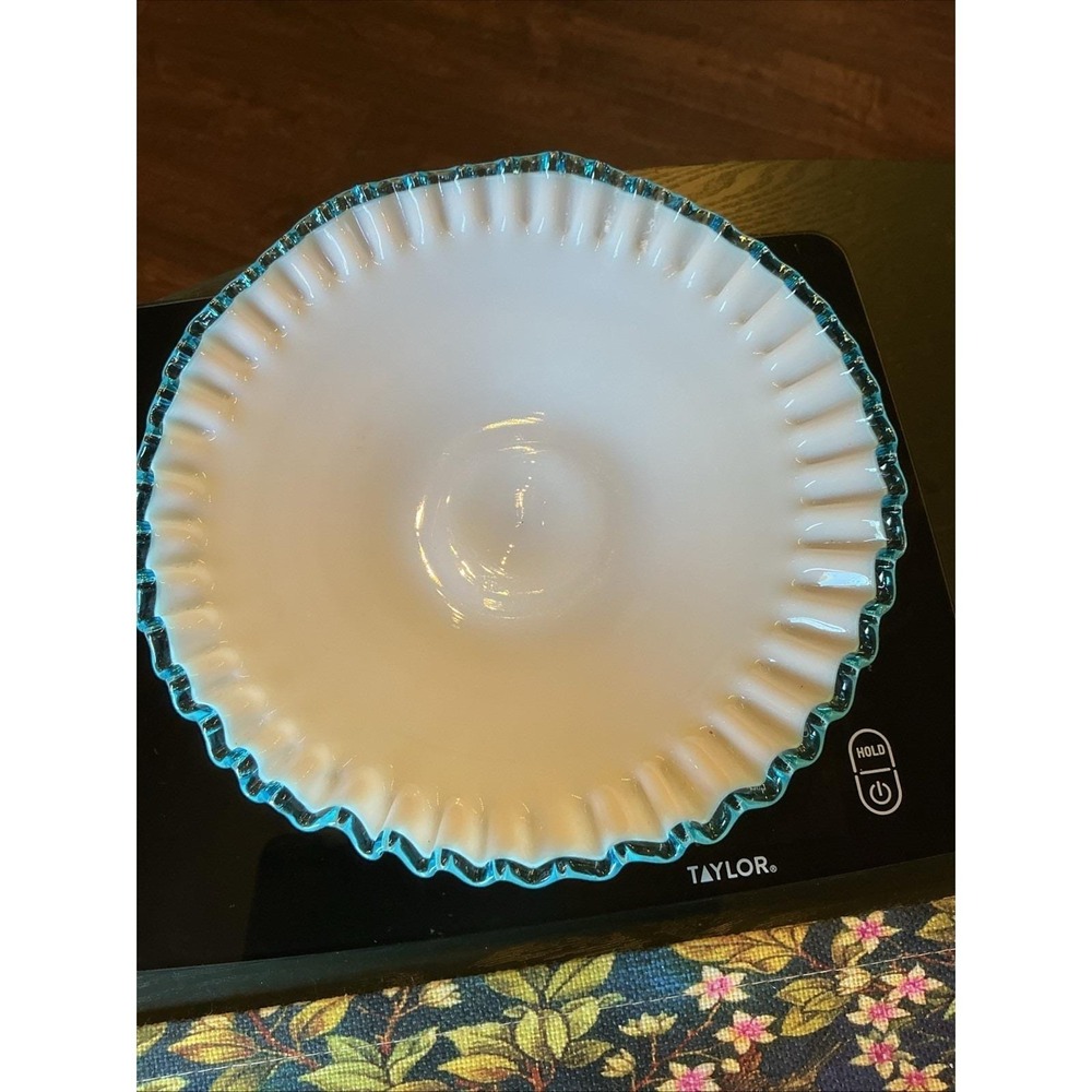 Vintage 8.5" Fenton Aqua Crest Dish Bowl Milk Glass w/ Blue Ruffled Edge